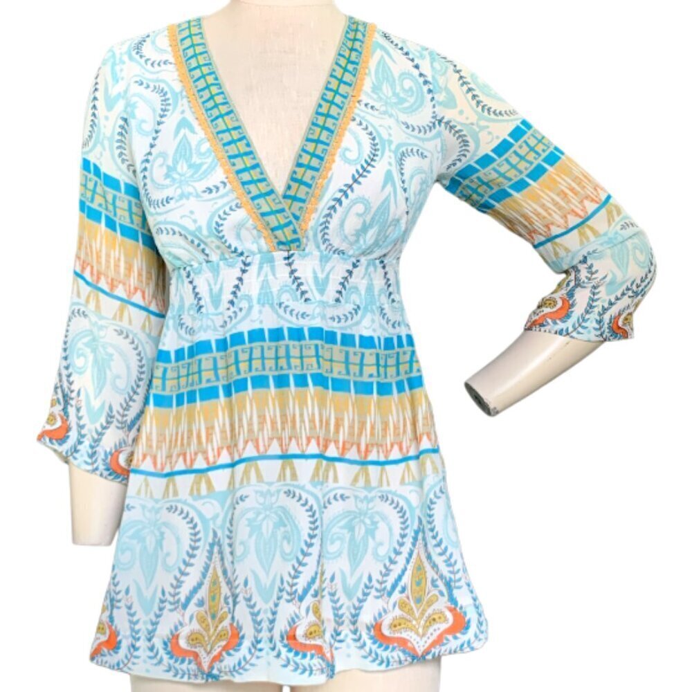 Sundance Silk Empire Waist Boho Paisley Tunic Top Sz XS #96D